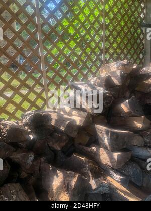 Legno di fuoco tritato accatastato dietro il reticolo di giardino e la luce del sole accatastata. Foto Stock