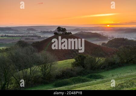 Bridport, Dorset, Regno Unito. 9 ottobre 2020. Regno Unito Meteo. Un'alba autunnale con una leggera nebbia sui campi e sulle colline dietro Colmers Hill vicino a Bridport in Dorset. Picture Credit: Graham Hunt/Alamy Live News Foto Stock