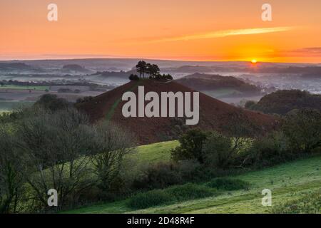 Bridport, Dorset, Regno Unito. 9 ottobre 2020. Regno Unito Meteo. Un'alba autunnale con una leggera nebbia sui campi e sulle colline dietro Colmers Hill vicino a Bridport in Dorset. Picture Credit: Graham Hunt/Alamy Live News Foto Stock