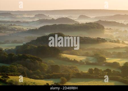 Bridport, Dorset, Regno Unito. 9 ottobre 2020. Regno Unito Meteo. Una leggera nebbia sui campi e sulle colline vicino a Bridport in Dorset poco dopo l'alba. Picture Credit: Graham Hunt/Alamy Live News Foto Stock