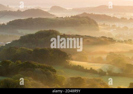 Bridport, Dorset, Regno Unito. 9 ottobre 2020. Regno Unito Meteo. Una leggera nebbia sui campi e sulle colline vicino a Bridport in Dorset poco dopo l'alba. Picture Credit: Graham Hunt/Alamy Live News Foto Stock