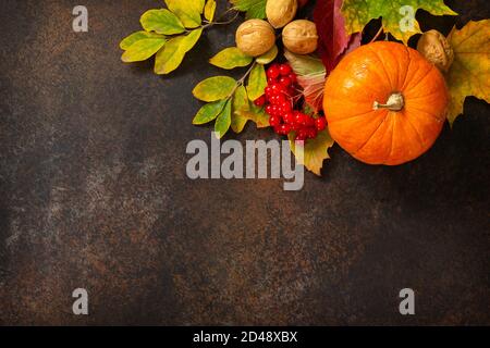 Background di concetto stagionale. Sfondo autunnale con foglie d'acero, zucca, noci e bacche su sfondo di ardesia. Vista dall'alto sfondo piatto Foto Stock