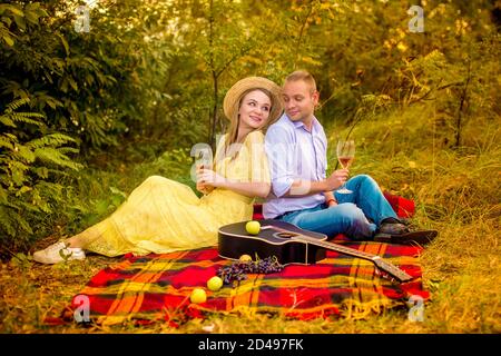 Immagine di una coppia innamorata che ha un picnic con bicchieri di vino nel parco Foto Stock
