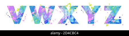 Lettere VWXYZ con effetto di macchie liquide di vernice in blu, verde, rosa, isolato su bianco. Elemento decorativo per la progettazione di volantini, poster, calendario, copertina, titolo. Illustrazione vettoriale. Illustrazione Vettoriale