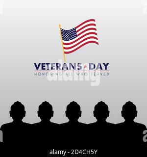 buon giorno dei veterani con bandiere usa e sagome soldati disegno di illustrazione vettoriale Illustrazione Vettoriale