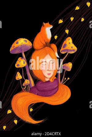 Una ragazza redhair con volpe e funghi. Bambini, fantasia illustrazione. Foto Stock