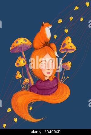 Una ragazza redhair con volpe e funghi. Bambini, fantasia illustrazione. Foto Stock