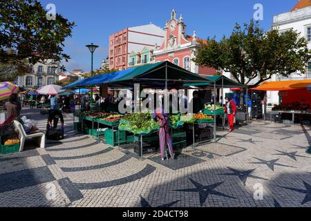 Bancarelle di frutta e verdura nel mercato agricolo quotidiano, ex municipio dietro, Piazza della Repubblica, Caldas da Rainha, Estremadura, Portogallo Foto Stock