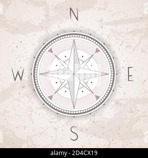 Illustrazione vettoriale con una bussola vintage o una rosa del vento su sfondo grunge. Con le direzioni base Nord, Est, Sud e Ovest. Illustrazione Vettoriale