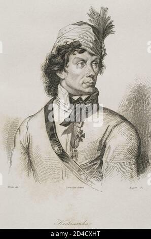 Tadeusz Kosciuszko (1746-1817). Generale polacco e statista. Eroe nazionale in Polonia e Bielorussia per la sua leadership di un'insurrezione nazionale, e negli Stati Uniti per il suo ruolo nella rivoluzione americana. Verticale. Incisione di Lemaitre, Vernier e Masson. Storia della Polonia, di Charles Foster. Panorama universale, 1840. Foto Stock