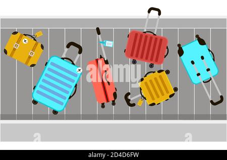 Valigie sul nastro trasportatore bagagli dell'aeroporto. Borsa da viaggio. Ora legale. Vacanze. Viaggio di vacanza. Viaggio di riposo. Fascetta per bagagli in aeroporto. Illustrazione Vettoriale