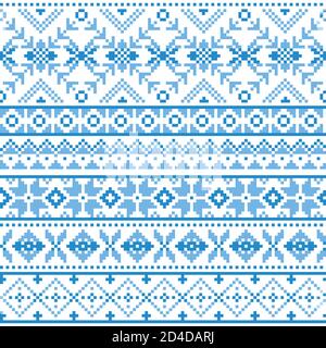 Scottish Fair Isle stile tradizionale maglia vettoriale senza cuciture motivo, retro maglia Shtelands ripetitivo blu con fiocchi di neve Illustrazione Vettoriale