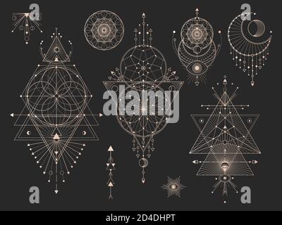 Insieme vettoriale di simboli geometrici sacri con Luna, occhio, frecce, dreamcatcher e figure su sfondo nero. Collezione di segni mistici astratti d'oro dra Illustrazione Vettoriale