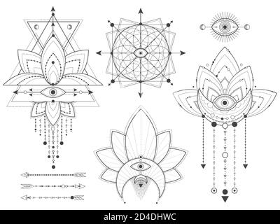 Insieme vettoriale di simboli geometrici e naturali sacri su sfondo bianco. Collezione di segni mistici astratti. Forme lineari nere. Per voi disegno o moder Illustrazione Vettoriale