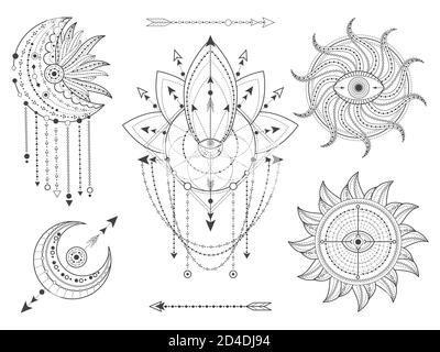 Insieme vettoriale di simboli geometrici e naturali sacri su sfondo bianco. Collezione di segni mistici astratti. Forme lineari nere. Per voi disegno o moder Illustrazione Vettoriale