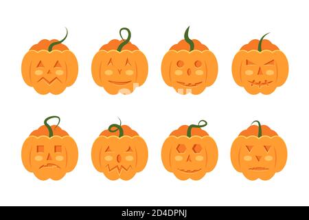 Set di terribili e spaventose zucche per Halloween in piano stile Illustrazione Vettoriale
