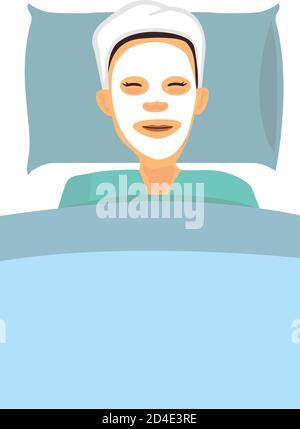 Donna con una maschera cosmetica. Ritratto di ragazza sorridente. Illustrazione vettoriale piatta con isoaltazione. Illustrazione Vettoriale