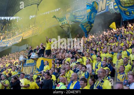 Brondby, Danimarca. 01 agosto 2019. Tifosi di calcio del Brondby SE visti durante la partita di qualificazione della UEFA Europa League tra Brondby IF e Lechia Gdansk al Brondby Stadion, (Photo credit: Gonzales Photo - Thomas Rasmussen). Foto Stock