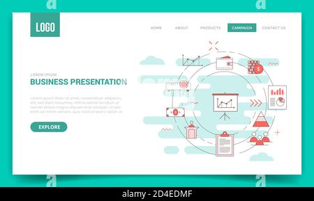 concetto di presentazione aziendale con icona circolare per il modello di sito web o. pagina iniziale banner pagina di destinazione Illustrazione Vettoriale