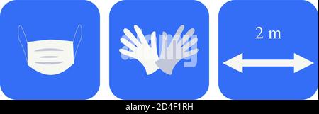 Misure di sicurezza per il coronavirus. Indossare una maschera facciale, indossare guanti monouso e mantenere una distanza di sicurezza. Icone vettoriali. Isolato su sfondo bianco. Illustrazione Vettoriale