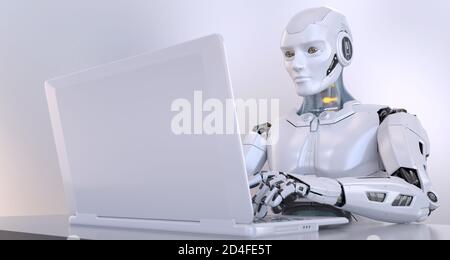 Robot che lavora con il laptop. Illustrazione 3D Foto Stock