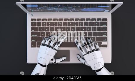 Le mani del robot che scrivano sui computer portatili. Illustrazione 3D Foto Stock