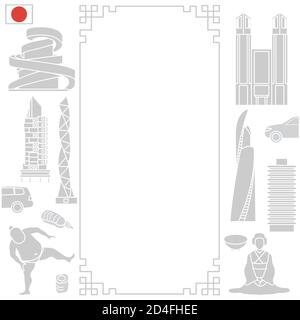 Illustrazione vettoriale simboli della cultura giapponese donna asiatica in kimono, sumo atleta, panini alimentari, sushi, auto, insolita architettura giapponese conta giapponese Illustrazione Vettoriale