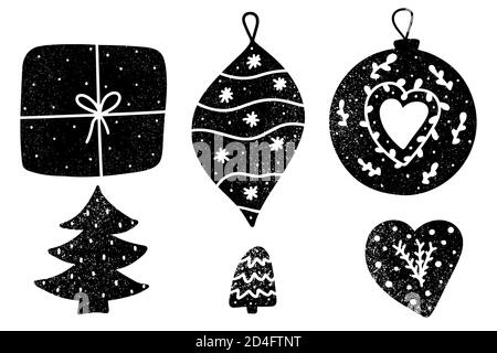 Decorazioni monocromatiche di Natale con la trama della neve doodle stile illustrazione vettoriale. Confezione regalo, stella, albero di Natale, baubles e a forma di cuore d Illustrazione Vettoriale