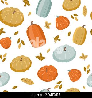 Motivo senza cuciture disegnato a mano con foglie e zucche autunnali, umore autunnale. Illustrazione Vettoriale