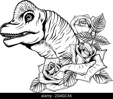 disegno vettoriale di dinosauro e rose. Disegno di arte concettuale. Illustrazione Vettoriale