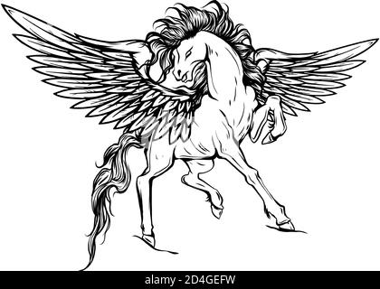 pegaso bianco, cavallo con alata mitologica, illustrazione isolata su vettore di sfondo bianco Illustrazione Vettoriale