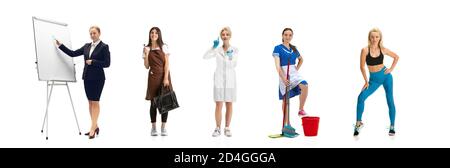 Gruppo di persone con diverse professioni isolato su sfondo bianco studio, orizzontale. Lavoratori moderni di diverse occupazioni, modelli femminili come stilista, ragioniere, cosmetologo, pulitore, allenatore Foto Stock