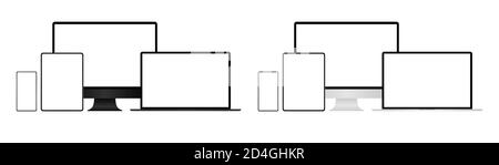 Set realistico di monitor, laptop, tablet, smartphone di colore grigio scuro e argenteo Illustrazione Vettoriale