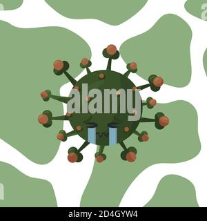 Virus Corona verde carino simpatico personaggio infelice piange sfondo bianco Illustrazione Vettoriale