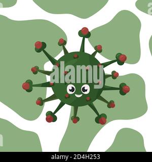 Virus Corona verde carino simpatico personaggio felice su bianco anf sfondo verde Illustrazione Vettoriale