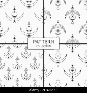 Insieme di quattro simboli geometrici sacri motivi senza giunture. Struttura moderna ed elegante. Stile lineare. Interior design, carta digitale, web, stampa tessile. Illustrazione Vettoriale