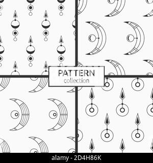 Insieme di quattro simboli geometrici sacri motivi senza giunture. Struttura moderna ed elegante. Stile lineare. Interior design, carta digitale, web, stampa tessile. Illustrazione Vettoriale