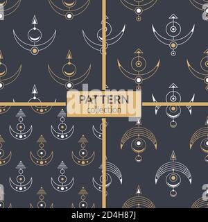 Insieme di quattro simboli geometrici sacri motivi senza giunture. Struttura moderna ed elegante. Stile lineare. Interior design, carta digitale, web, stampa tessile. Illustrazione Vettoriale