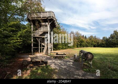 Torre di osservazione sul sentiero escursionistico Eifelsteig in High Fens vicino Mutzenich-Monschau Foto Stock