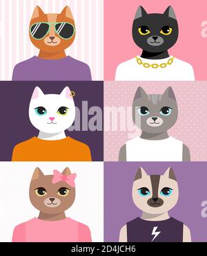 Set di ritratti di gatti umanizzati. Moda animali cartoni animati in abiti. Avatar colorati in t-shirt e occhiali Illustrazione Vettoriale