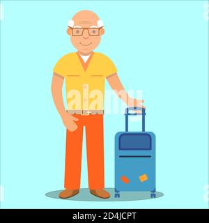 Anziano turista maschile, valigia. Felice vecchio nonno in viaggio. Illustrazione Vettoriale