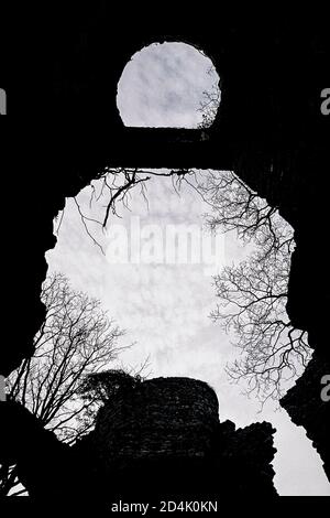 Silhouette di rovine del castello e rami in un bosco inglese durante l'inverno Foto Stock