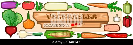 Set di verdure. Vettore. Verdure in stile cartoon quadrato. Frutti di piante comuni da giardino: Melanzane, pomodoro, pepe, cipolla, aglio, cetriolo, po Foto Stock