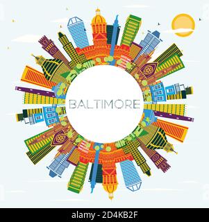 Baltimore USA, Maryland City Skyline con edifici a colori, Blue Sky e Copy Space. Illustrazione vettoriale. Concetto di viaggio d'affari e turismo. Illustrazione Vettoriale