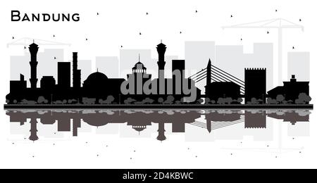 Bandung Indonesia City Skyline Silhouette con edifici neri e riflessi isolati su bianco. Illustrazione vettoriale. Viaggi d'affari e turismo. Illustrazione Vettoriale