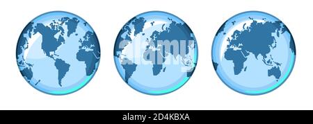 Pianeta Terra. Il globo. Tre opzioni per girare la mappa: Una mappa con l'Europa e l'Africa al centro, una mappa dell'emisfero orientale, una mappa del Foto Stock
