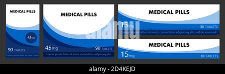 Concetto di confezione di etichette per compresse medicinali. Progettare scatole per il confezionamento di prodotti medicali. Per compresse, capsule. Set di adesivi per scatole di cartone, Foto Stock