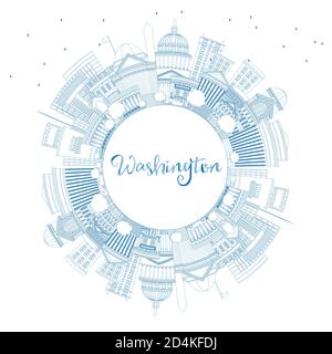 Delineare Washington DC USA dello skyline della città con edifici blu e copia di spazio. Illustrazione Vettoriale. Illustrazione Vettoriale