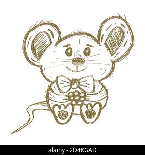 Simpatico mouse disegnato a mano con Bow e Berry isolato su bianco. Illustrazione vettoriale. Illustrazione Vettoriale