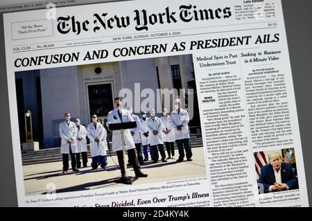 Prima pagina del New York Times durante il ricovero del presidente degli Stati Uniti Donald Trump a causa del coronavirus. Foto Stock